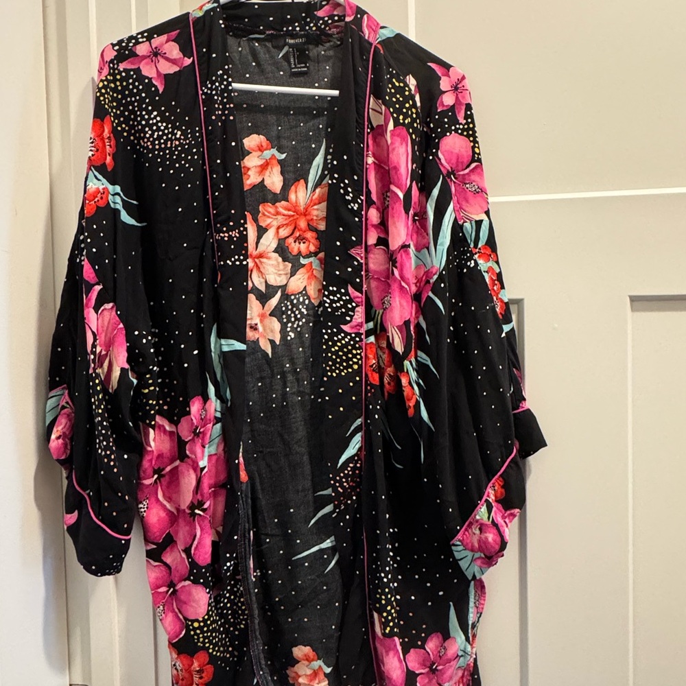 Forever 21 Black Kimono with Pink and Red Floral Design